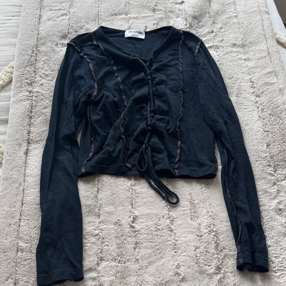 LNA Black Long Sleeve Tie-Front Top